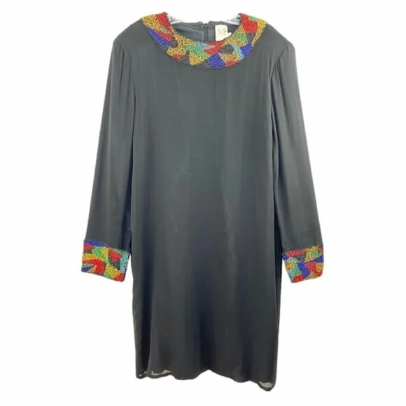 Vintage Maison Magique Beaded Long Sleeve Black Shift Dress Sz XL
